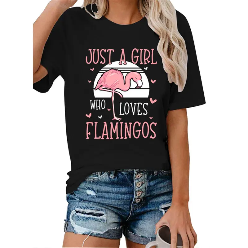 

Women Just A Girl Love Flamingo Crew Neck Top Funny Tee Ladies Trendy Hipster Streetwear Floral Casual Slogan T-Shirt