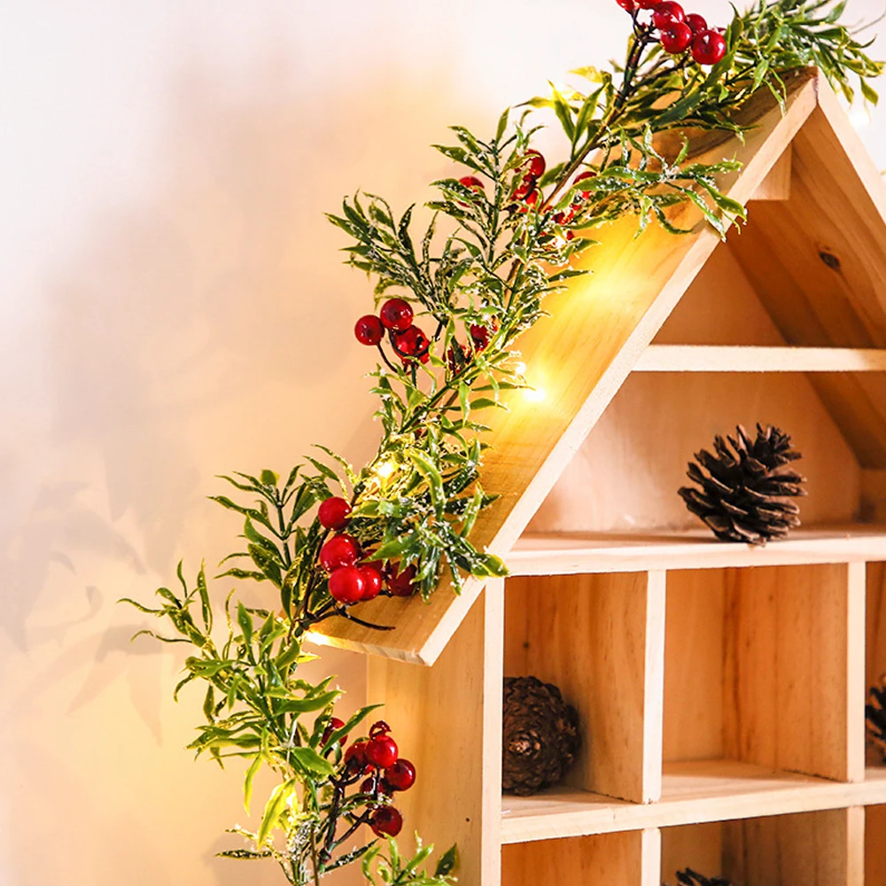 

2M String Light Christmas Decoration Artificial Red Fruit Light with Pine Needles Battery Operate Leaf Garland Fairy Lightquery
