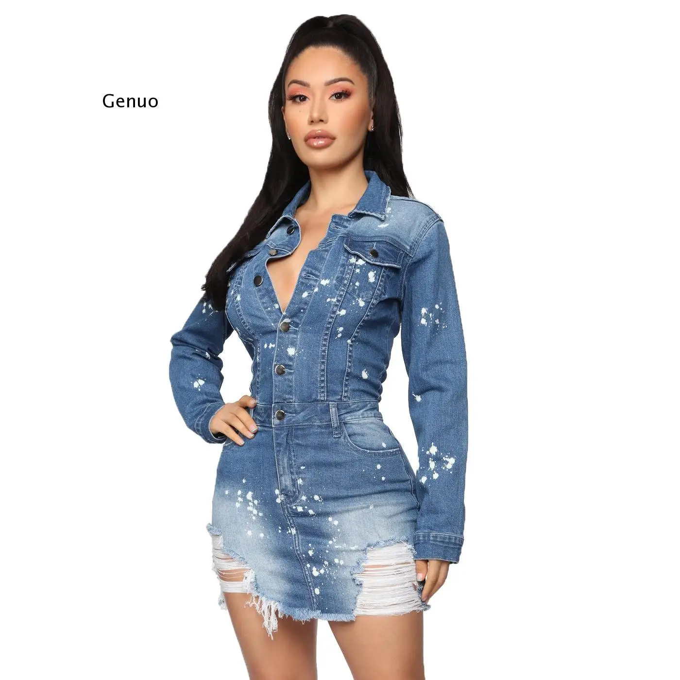 Размера плюс 3XL приталенное джинсовое платье для женщин с отложным воротником