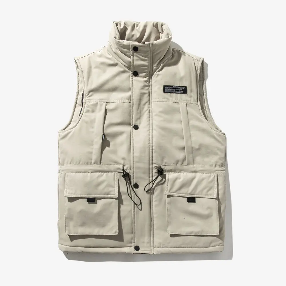 

Cargo Vest Men Coat Thicken Safari Style Sleeveless Warm Stand-up Collar Tops Loose Autumn Winter Casual Single-breasted Jacket
