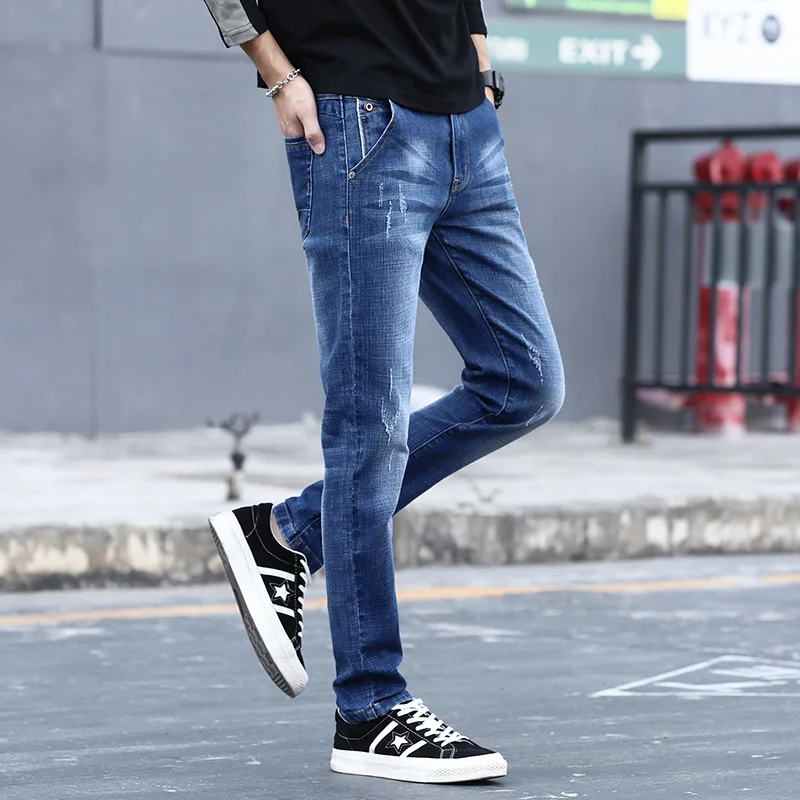 

Men's Jeans Spring Winter 2020 New Warm Slim Fit Business Fashion Thicken Denim Trousers Black Blue Jeans Men