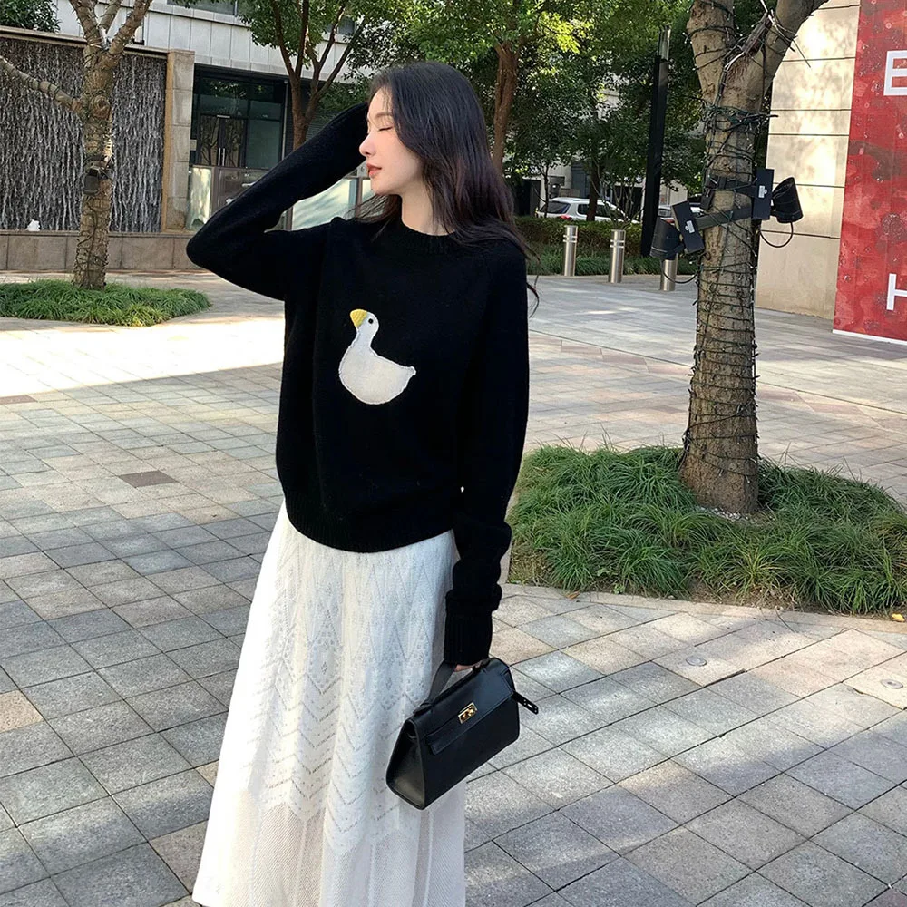 

White Knitted Warm Sweaters For Women Sweater Autumn Winter Sweet Clothes Cartoon Duck Print Pullovers Loose Oversized Sweater