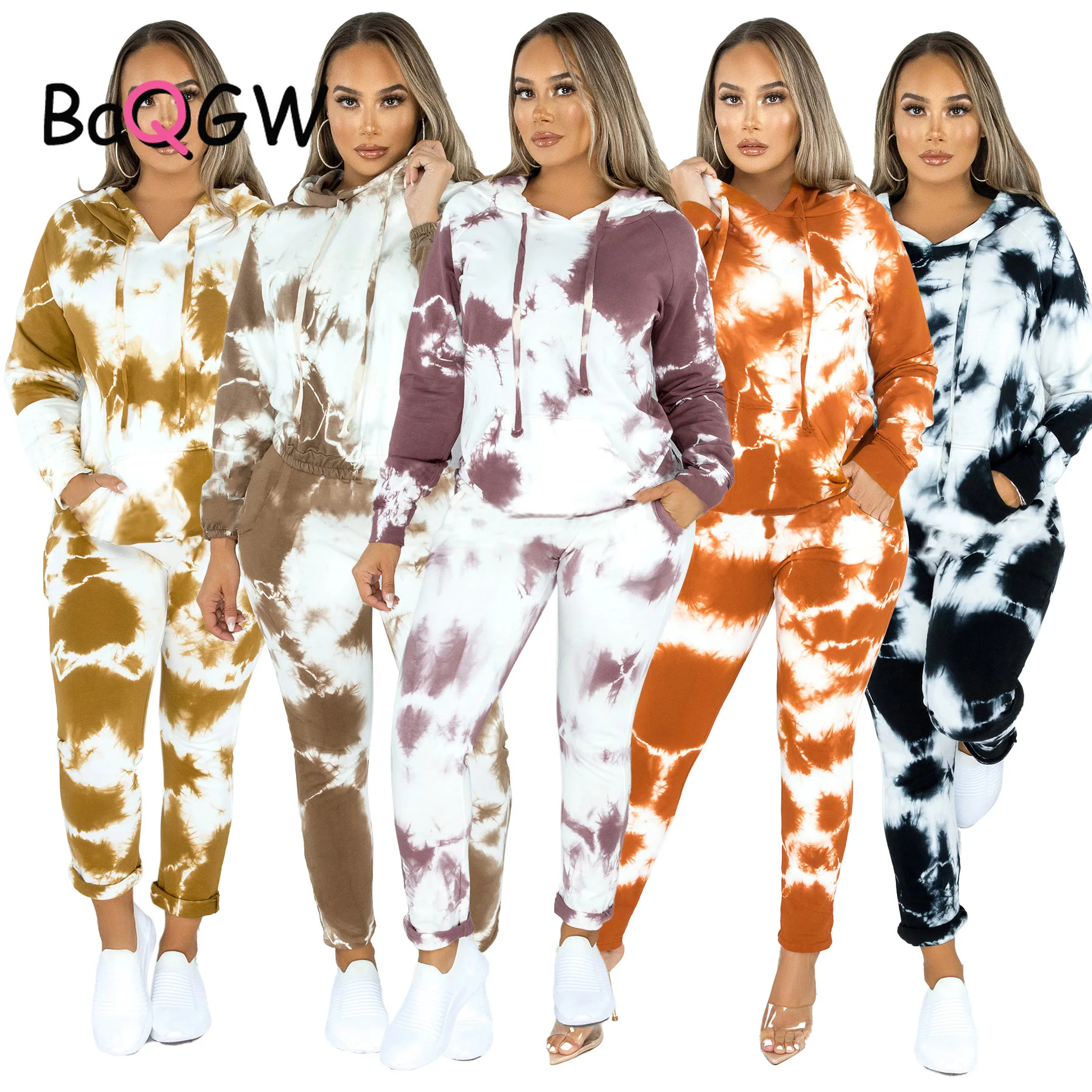 

BaQGW Tie Dye Print Casual Long Sleeve Co-ord Sets Women Hooded Sweatshirt and Pants Party Loose Homewear Two Piece Set Outfit