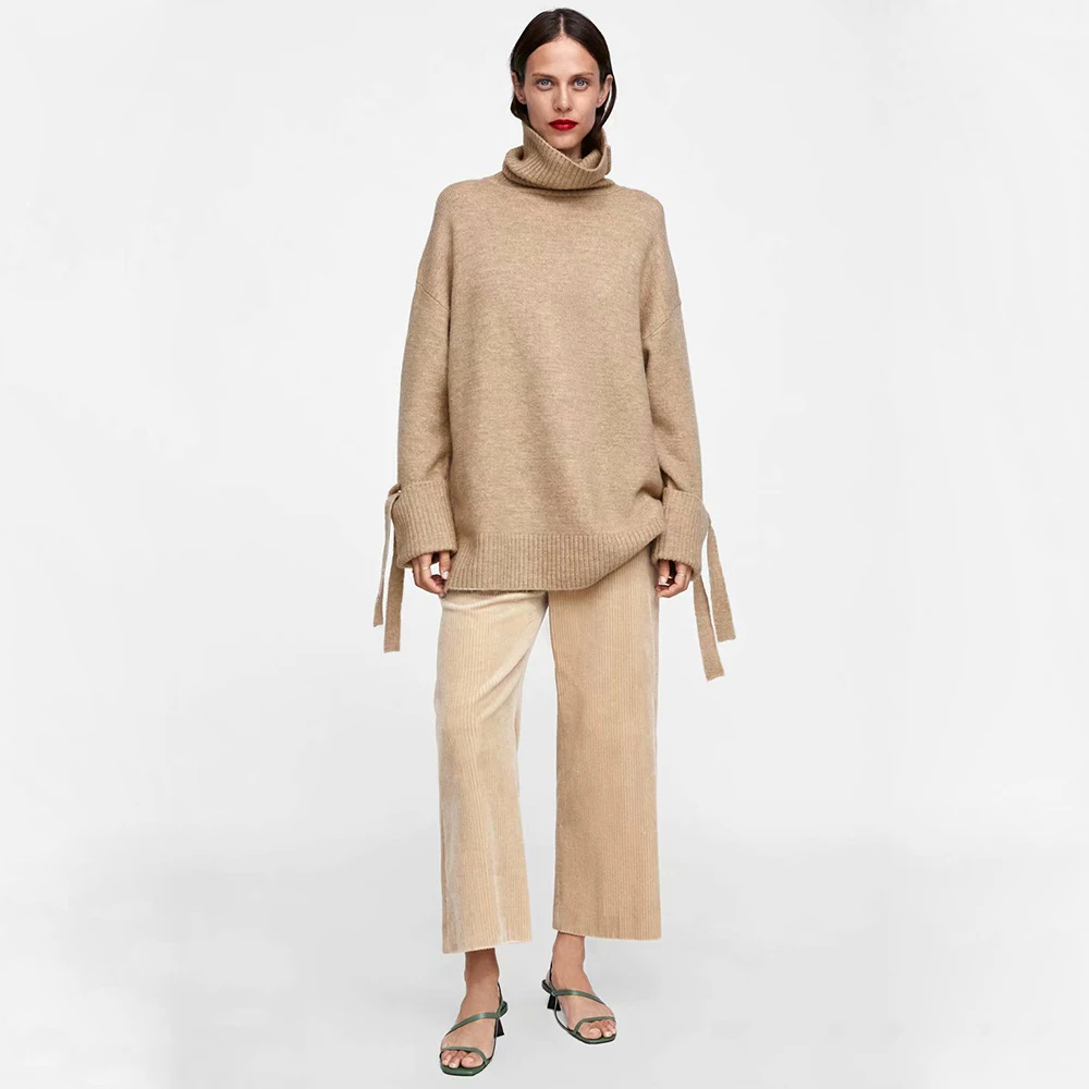 Женский Теплый вязаный свитер ZA мягкий с высоким воротником и бантом Осень-зима