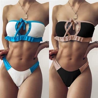 2pcs women%e2%80%99s color blocking bikini suit sleeveless swimsuit strapless hollowed lace up tops with patchwork triangle bottoms