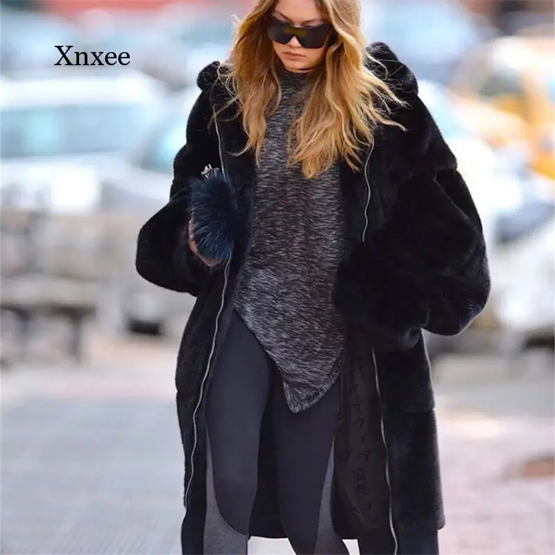 

Меховая куртка с капюшоном, верхняя одежда, зимнее теплое длинное однотонное пальто большого размера d из искусственного меха, Новая повседневная женская одежда с длинным рукавом