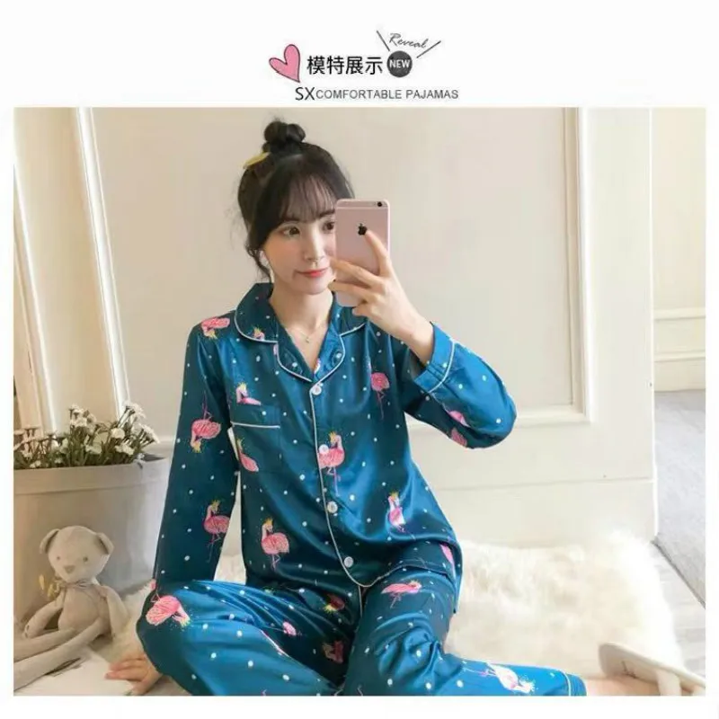 Имитация шелка осень весна кардиган с длинными рукавами пижамы костюм дамы досуг