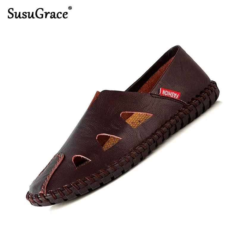 

SusuGrace Casual Men Sandals Extra Plus Size 38-50 High-quality Slip-on Summer Fashion Breathable Light Leather Flats Male Shoes