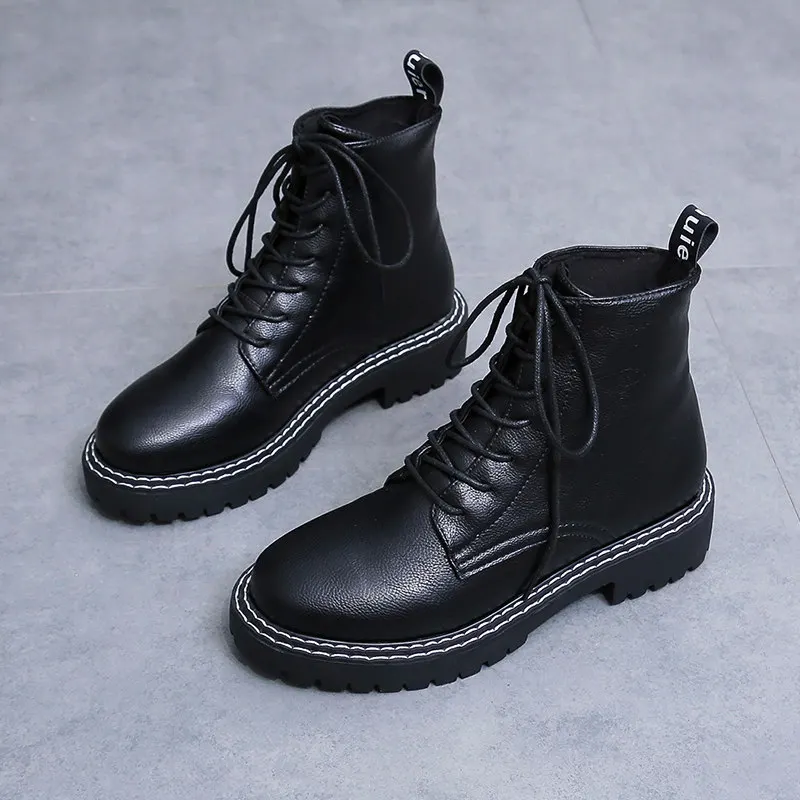 lace-up black Женские ботинки; коллекция года; зимняя обувь из натуральной кожи; женские повседневные весенние ботильоны из натуральной кожи; Botas Mujer - Цвет: lace-up black