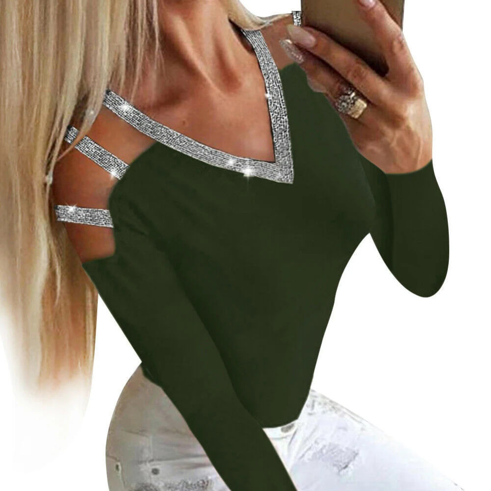 Женская модная блузка с V-образным вырезом длинным рукавом и блестками | одежда