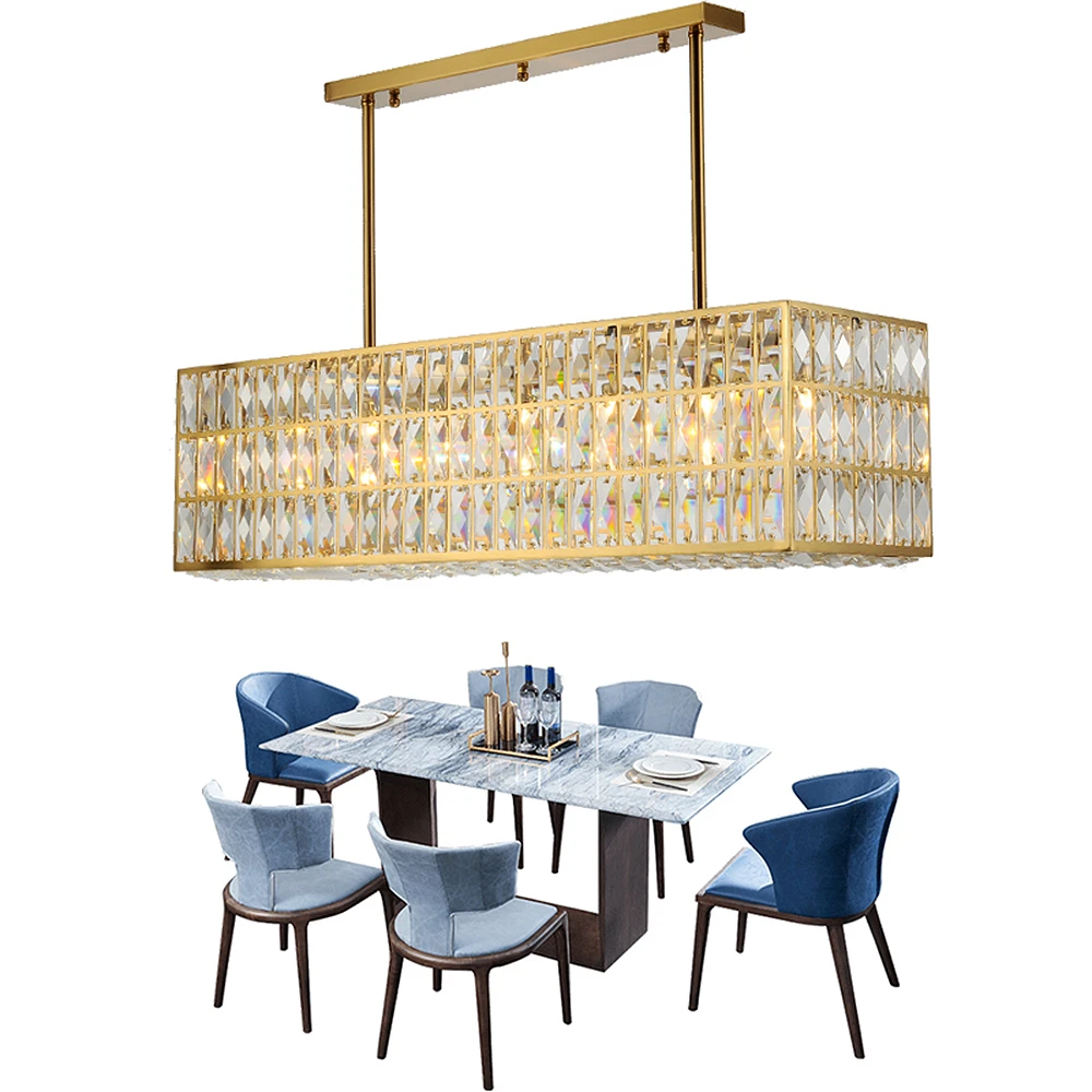 

Antique Brass Modern Chandelier Light LED Postmodern Rectangular Clear Crystal Indoor Light Fixture for Living Room Dining Table