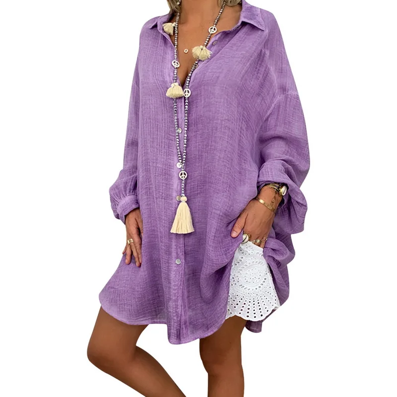 Женская льняная однобортная рубашка на пуговицах Свободная Повседневная