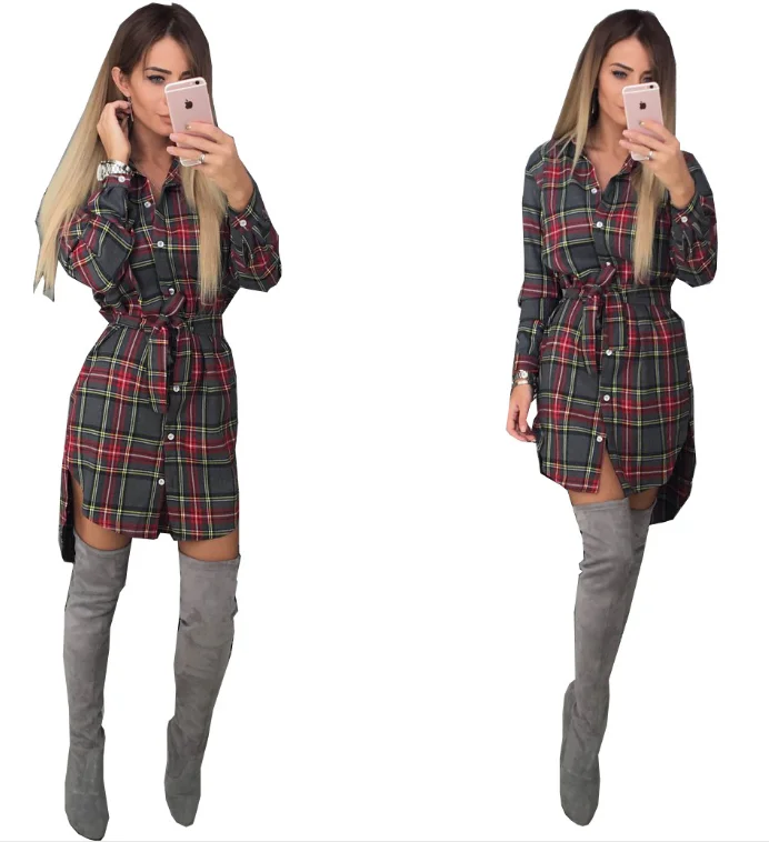 Осеннее женское модное свободное однобортное клетчатое платье с длинным рукавом