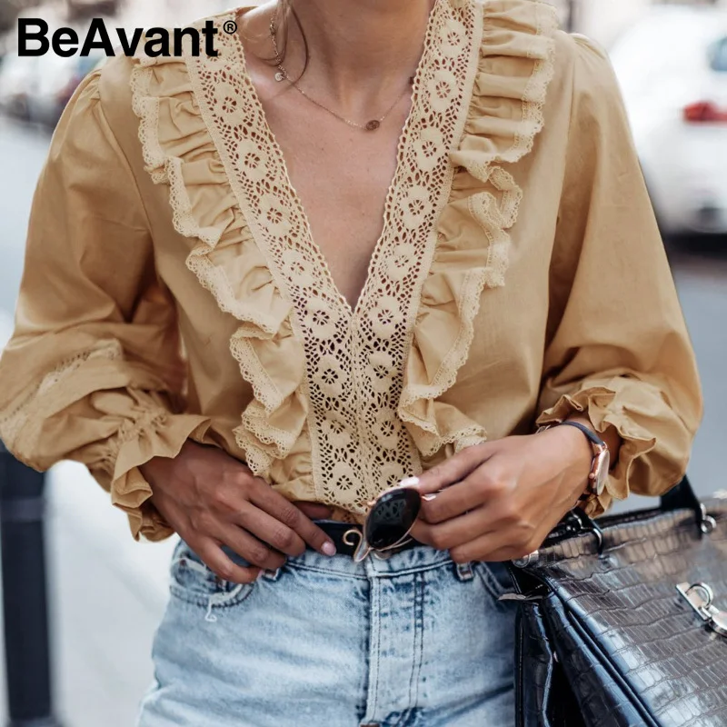 Женская кружевная блузка с рюшами BeAvant летняя v образным вырезом модная размера