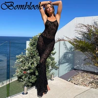 bomblook sexy party bodycon dresses for women 2021 autumn solid sleeveless backless see through midi dress female streetwears