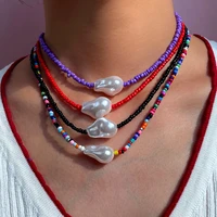 boho handmade asymmetry pearl pendant beaded necklace for women multicolor acrylic seed bead short necklaces vacation jewelry
