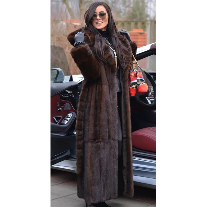 120cm Long Women Real Mink Fur Coat With Hood Winter Fashion Pelt Genuine Mink Fur Jacket With Belt Trendy Fur Coats Luxury