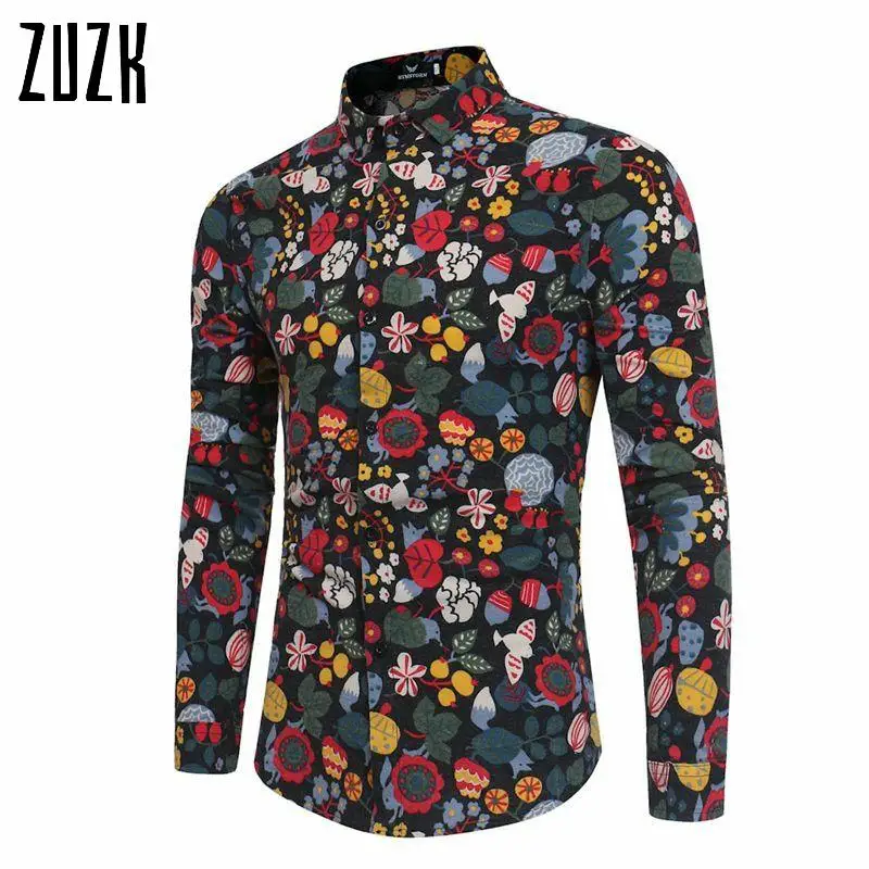 Прямая поставка новая мужская рубашка с длинным рукавом и черным принтом льняная