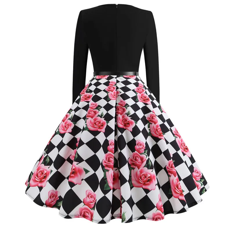 

BacklakeGirls Fashion Women Long Sleeve Elegant Round Neck Boho Print Knee Length Cocktail Dress Casual Ladies Dress With Belt