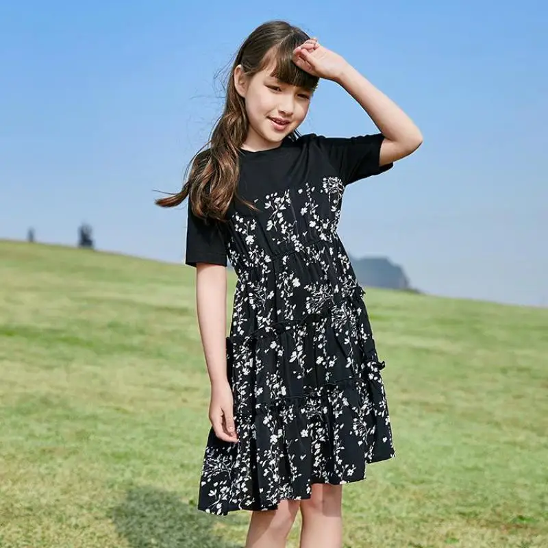 

Summer Chiffon Dress For Girls Short Sleeve Knee-length Floral Print Gowns 5 - 14y Kids Party Dresses Children Casual Clothing