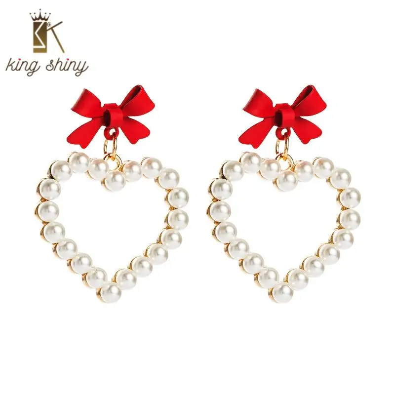

Elegant Heart Shape Simulated Pearl Dangel Earrings Lovely Bow Statement Drop Earrings Girls Christmas Party Jewelry Accessories