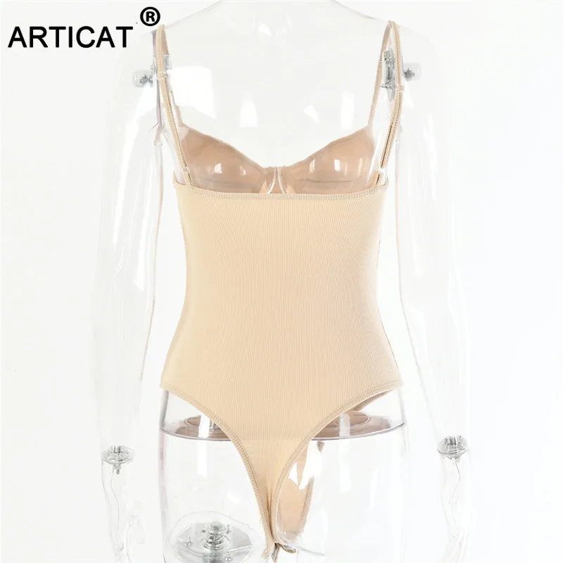 Articat Knitted Spaghetti Strap Sexy Bodysuit Women Tops Backless Buttons Bodycon Rompers Women Jumpsuit Basic Party Overalls