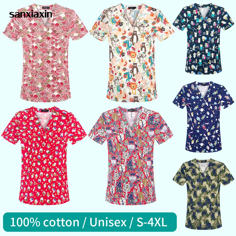 

Plus Size S-4XL Wholesale Clothing Short Sleeved Scrub Uniforms Dental Clinic Doctor Workwear Cartoon Printed Nursing Scrub Tops