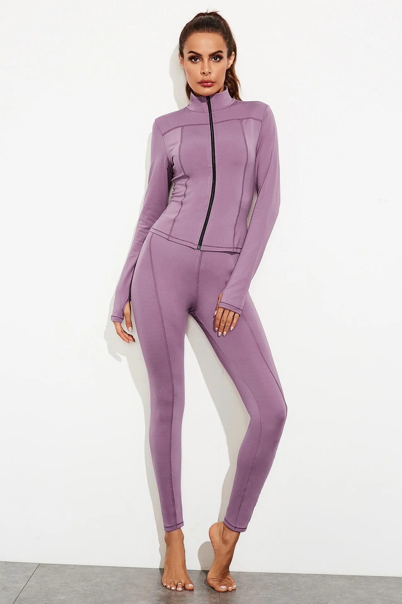 Костюм для йоги из двух предметов с воротником стойкой на молнии|Комплекты йоги| |