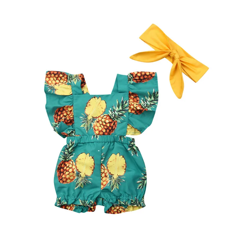 

Summer Newborn Infant Baby Girl Clothes Lovely Ruffle Pineapple Print Romper Headband Jumpsuit Outfit Sunsuit 2PCS Set