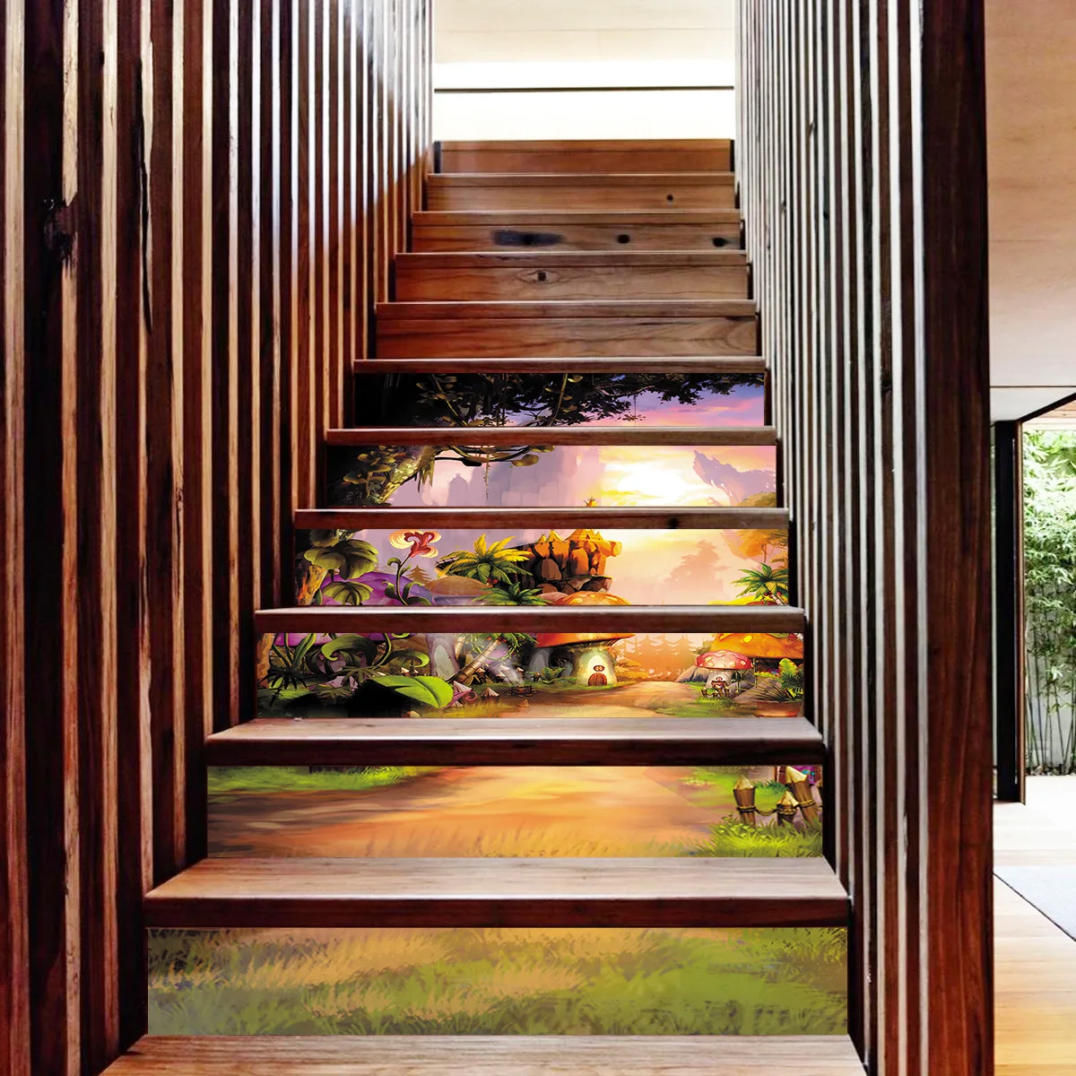 6Pcs/set Dreamy Forest Tiles Pattern Stair Stickers Decals Removable Waterproof Stairway Vinyl Stickers for Home Decor