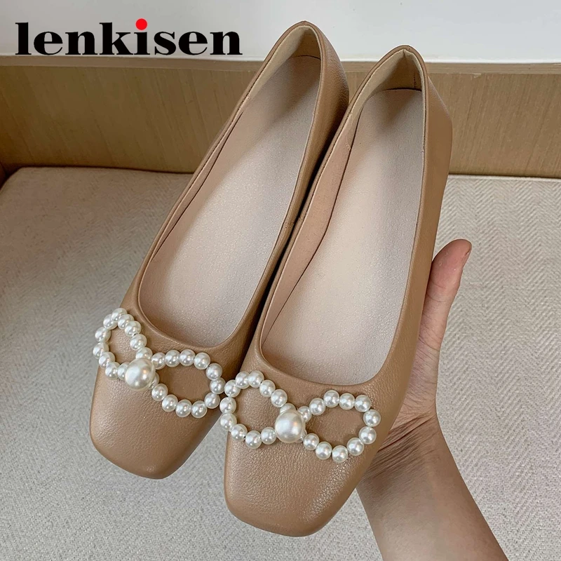 

Lenkisen 2020 autumn new arrival genuine leather square toe pearl bowtie decoration pretty girls dating cozy slip on pumps L30