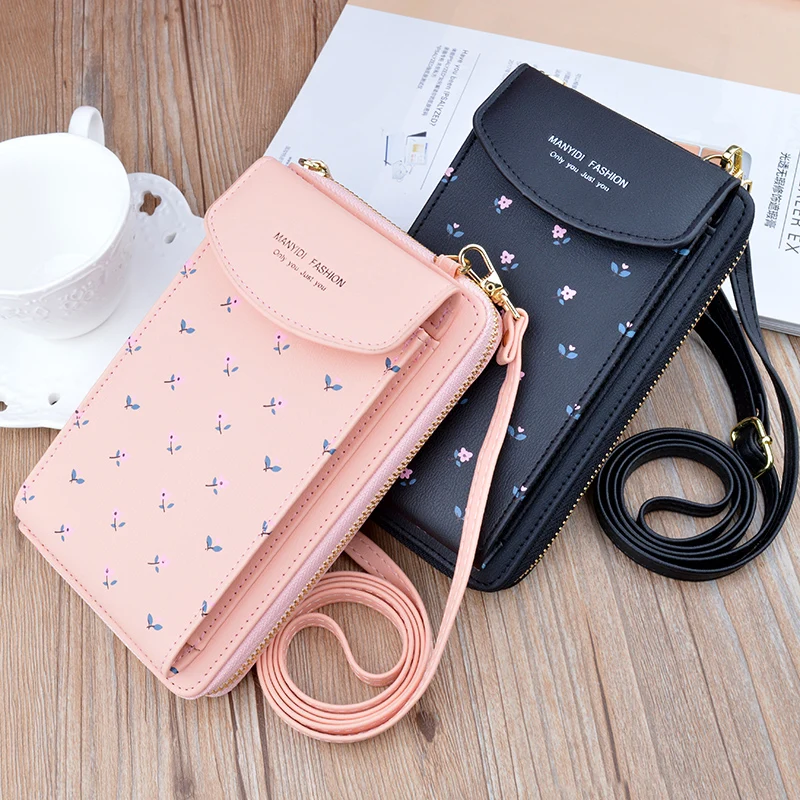 2022 Women Wallet Flower Print Leather Shoulder Straps Shoulder Bag Mobile Phone Big Card Holders Wallet Handbag Pockets Girls