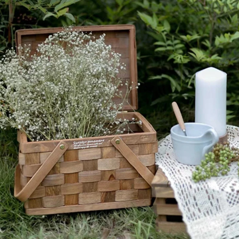 

Portable Wooden Storage Box Wicker Makeup Storage Box Family Camping Picnic Storage Basket