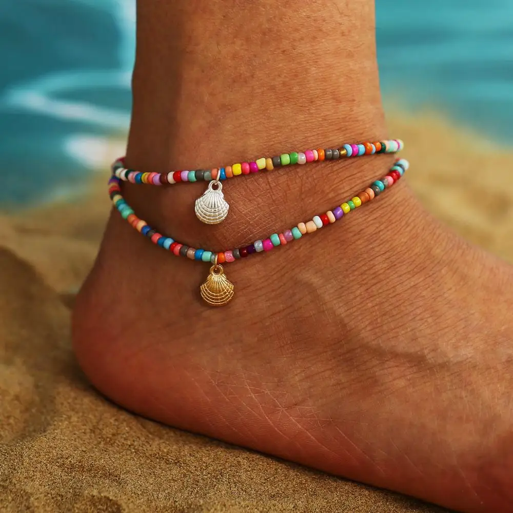 Bohemian Colorful Crystal Seed Beads Scallop Shell Anklets for Women Summer Ocean Beach Ankle Bracelet Foot Leg Jewelry