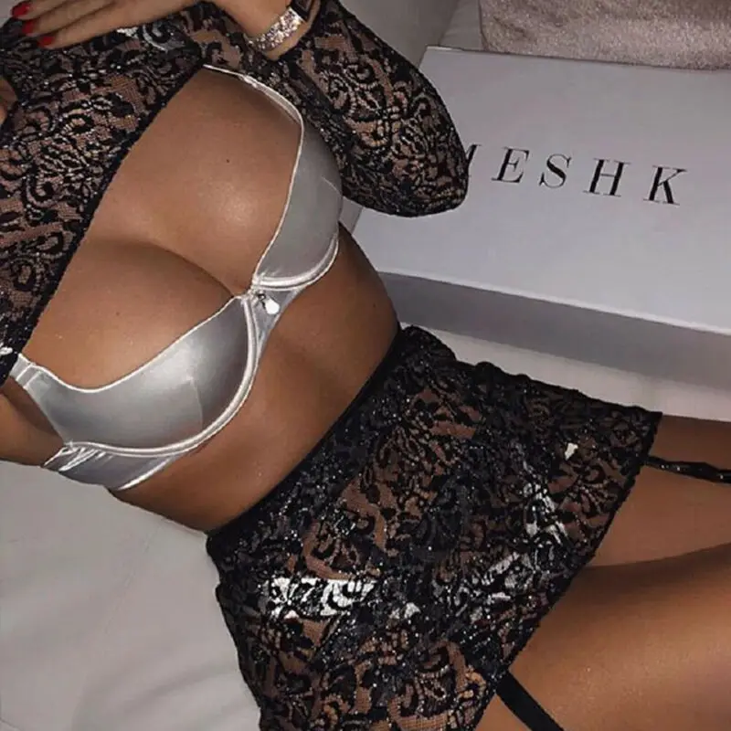 Пикантный женский ажурный топ с длинным рукавом прозрачная сетчатая Клубная