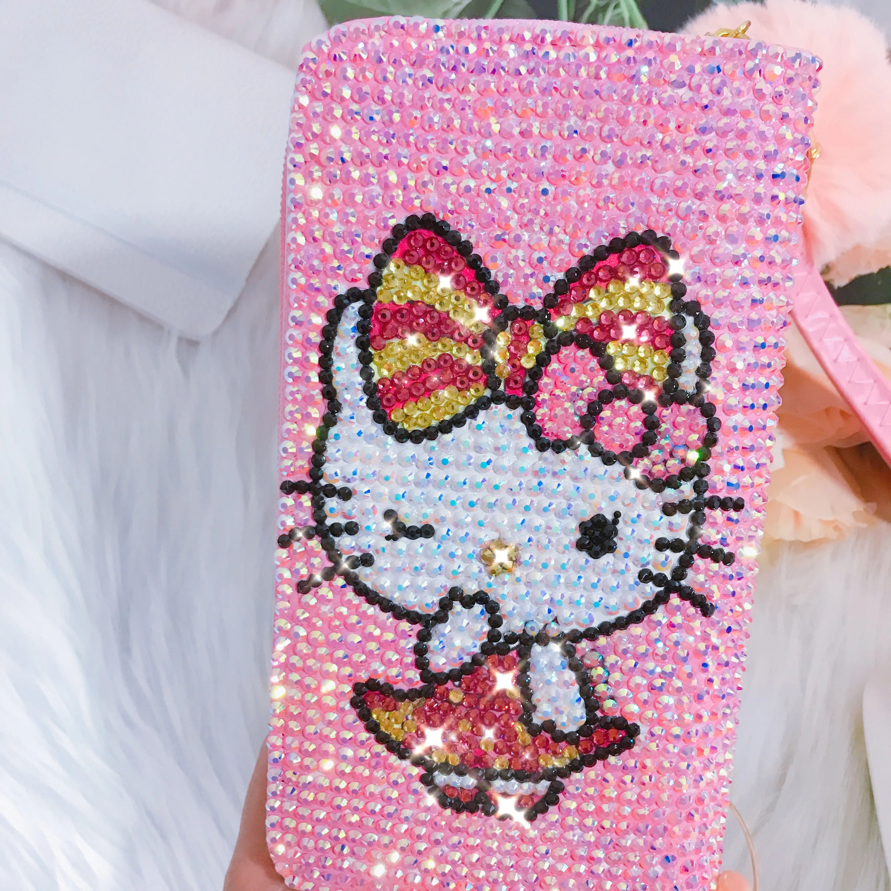 

All Rhinestone Kitty Wallet Big Bow Pink Cute Cat Cards Storage Bag Double Side Diamond Bags for Girls Purse Handbag Zipper Bags