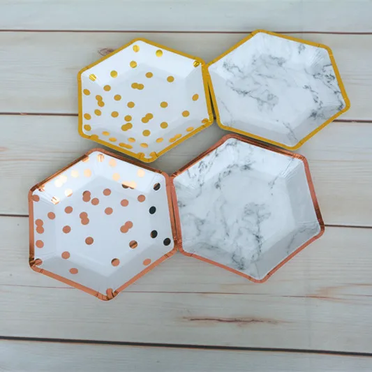 32 шт. золотые шестиугольные вечерние тарелки фольга розовая в горошек цветочные