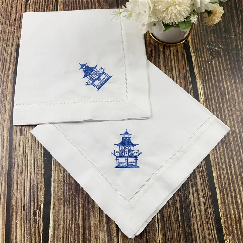 

Set of 12 Napkins 20"x20"-inch White Hemstitch Linen Table Napkins Embroidery Blue Pagoda