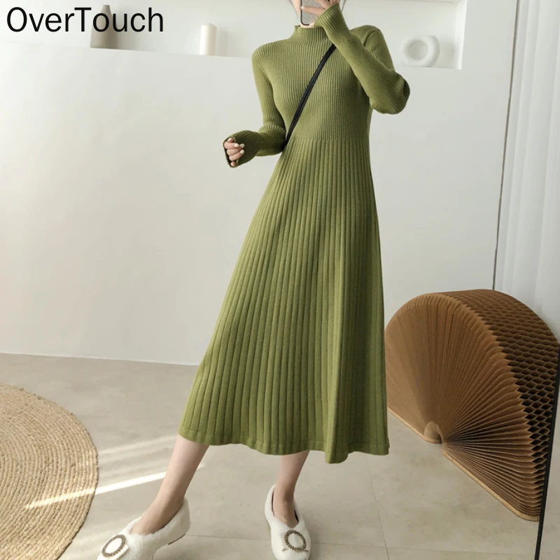 

Overtouch Female Solid Autumn Winter 2021 Elegant dresses for Women Full Sleeve Long sweater knitted dress OL Green pullover