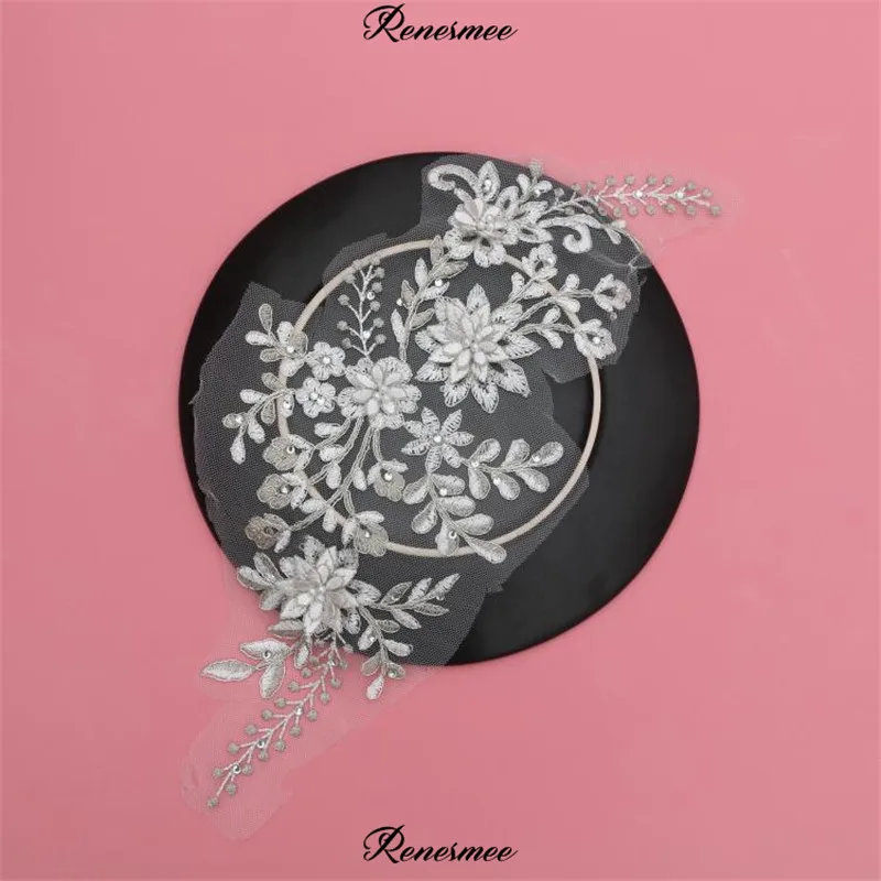 1Pc Silver Cording Ivory Beads Lace Flower Applique Bride Wedding Dress DIY Tiara Veil Accessories Patch 35X14cm SX453 | Дом и сад