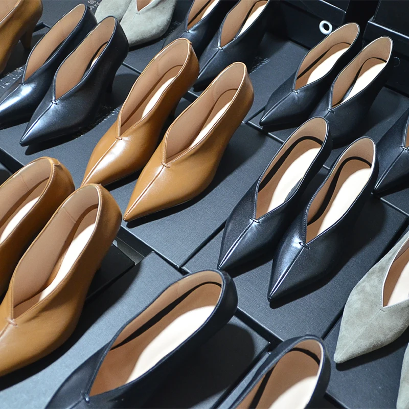 

women Genuine Leather shoes cow leather Sheep suede spike heels pointed toe women pumps professional office career