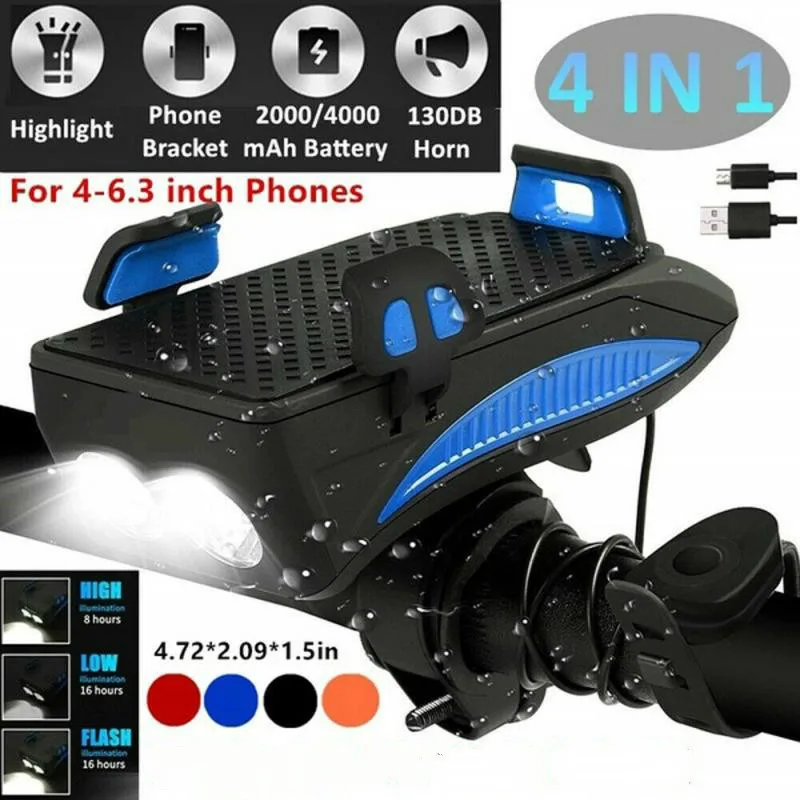 4 In 1 Multi-function 2000/4000mA Cycling FlashLight USB Rechargeable LED Bike Head Lamp Horn Phone Holder | Спорт и развлечения