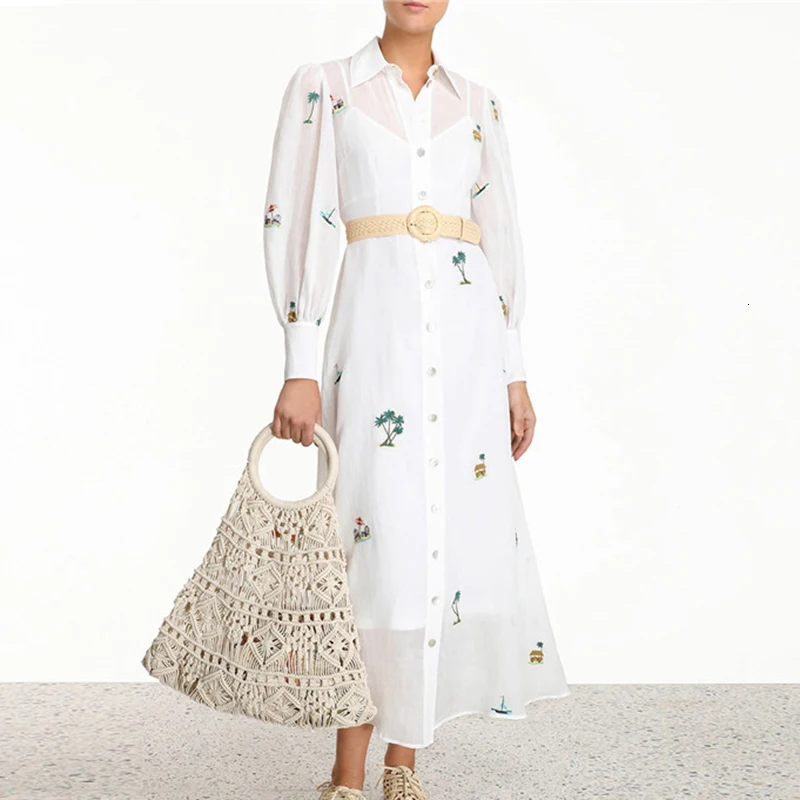 Женское белое платье рубашка летнее с вышивкой длинный рукав высокая талия макси
