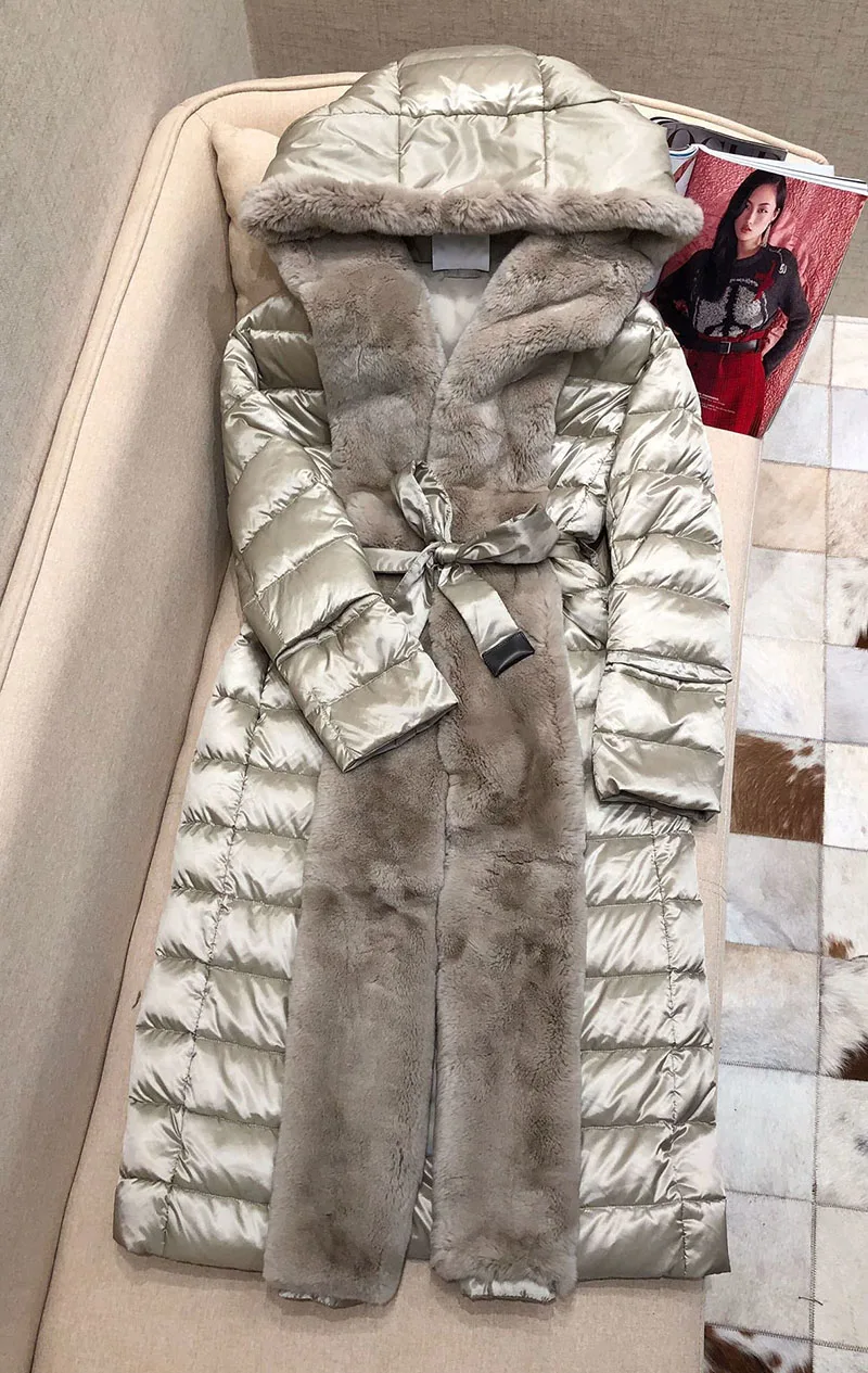 Женская мода роскошный меховой воротник из кролика Рекс свободный дизайн белая утка вниз пальто куртка