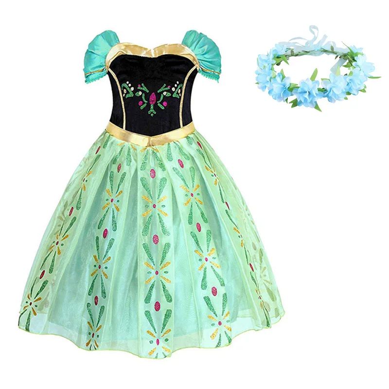 Dress-Head wreath Платье принцессы Анны, Эльзы, Эльзы для девочек; Детский костюм с париком, короной; детское платье Снежной Королевы на Хэллоуин, день рождения, вечеринку; маскарадный костюм; нарядное платье - Цвет: Dress-Head wreath