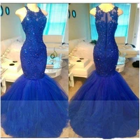royal blue mermaid evening dresses lace applique beads jewel neck floor length zipper formal long prom dresses party gowns