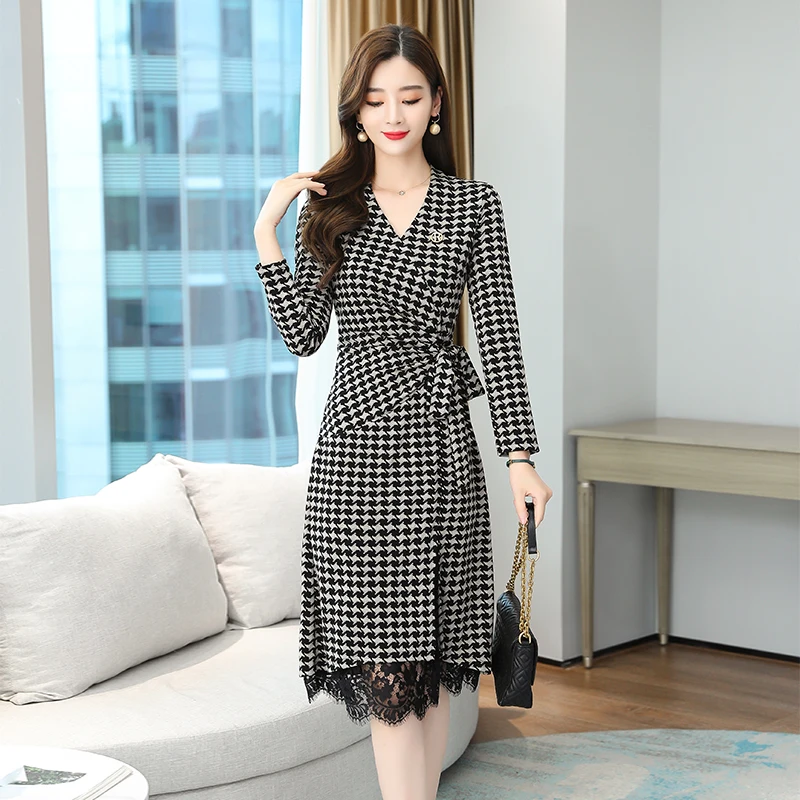 2024 винтажное клетчатое платье миди с рисунком гусиные лапки осенне-зимнее