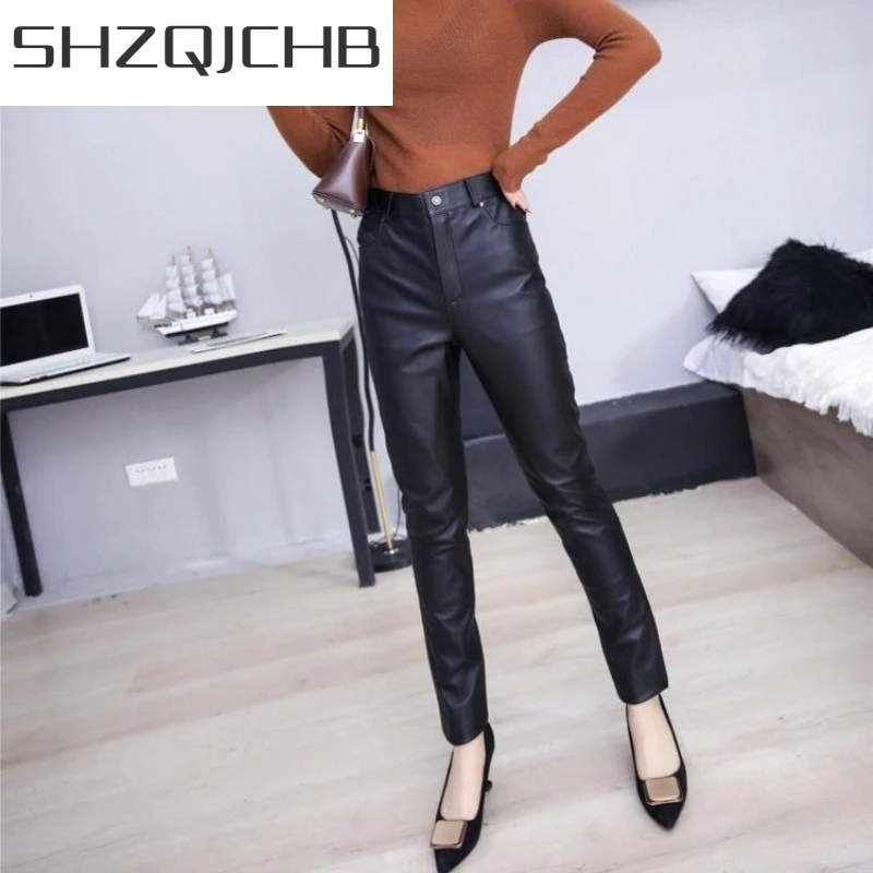 

JCHB 2021 OL Style Pencil Pants Women Spring Natural Cowhide High Waist Trousers Office Lady Slim Casual Pants Plus Size 6XL Str