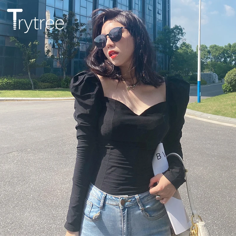 

Модная женская блузка Trytree на весну и осень, повседневные сексуальные рубашки, однотонная черная футболка большого размера с длинными рукав...