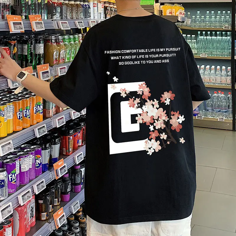 

VERSMA в Корейском стиле Модные с круглым вырезом, хлопковая футболка с короткими рукавами для мужчин и женщин летние вишневого цветадля повсе...